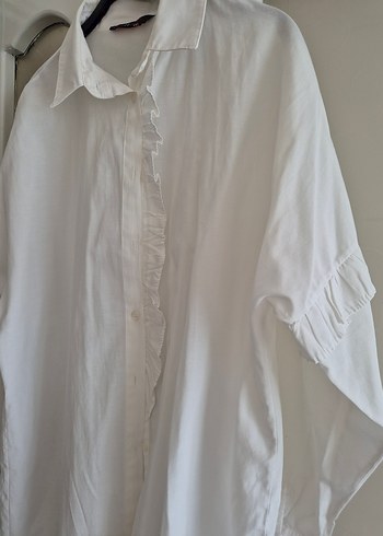 Kadın Beyaz Keten Fırfırlı Gömlek - Görsel 5