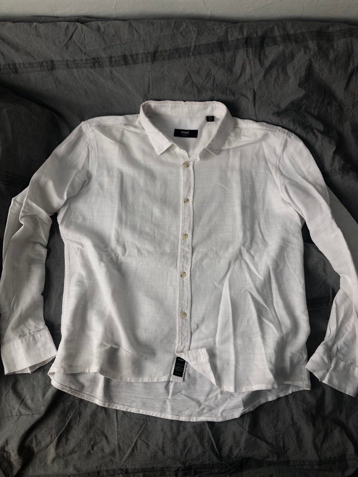 Mavi Beyaz Uzun Kollu Keten Gömlek - Görsel 3