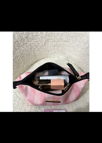 Pembe Çizgili Fermuarlı Makyaj Çantası - Görsel 2