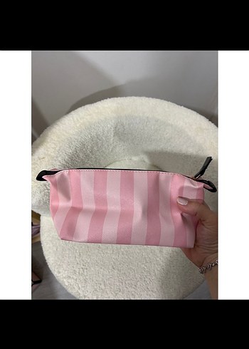Pembe Çizgili Fermuarlı Makyaj Çantası - Görsel 3