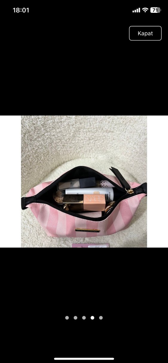 Pembe Çizgili Fermuarlı Makyaj Çantası - Görsel 2