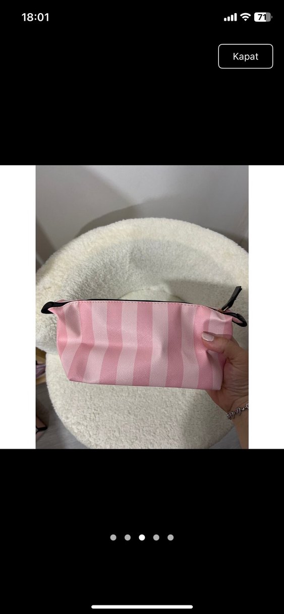 Pembe Çizgili Fermuarlı Makyaj Çantası - Görsel 3