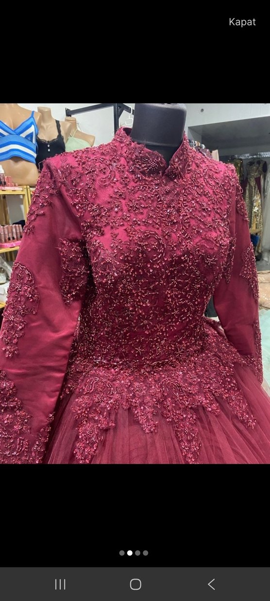 Bordo Uzun Kollu Drape Detaylı Tesettür Abiye - Görsel 4