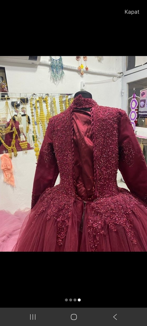 Bordo Uzun Kollu Drape Detaylı Tesettür Abiye - Görsel 3