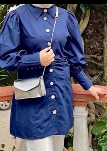 Düğmeli Uzun Kollu Mavi Denim Tunik