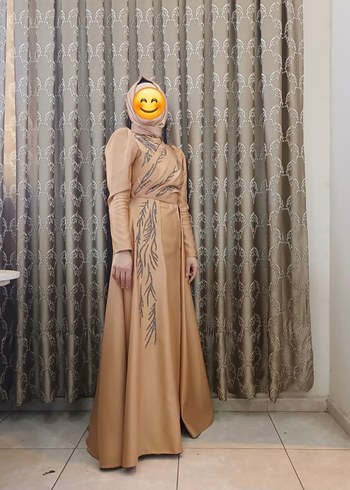 Camel Renkli Drapeli Uzun Kadın Elbise - Görsel 2