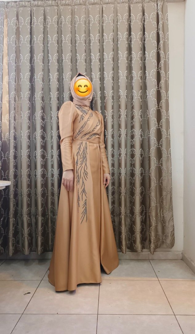 Camel Renkli Drapeli Uzun Kadın Elbise - Görsel 2