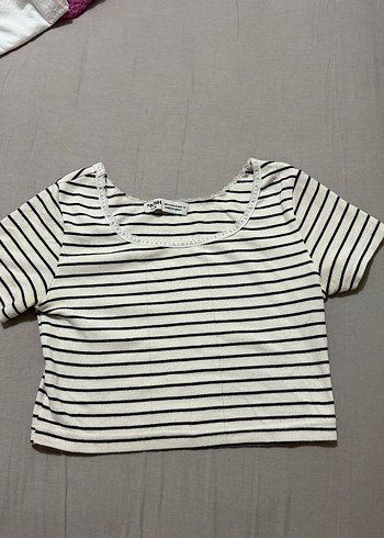 Kadın Beyaz Çizgili Crop Top