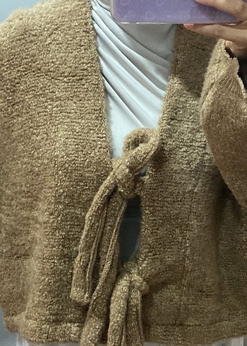 Diğer Bej Örgü Kadın crop Hırka Bohem Tarz