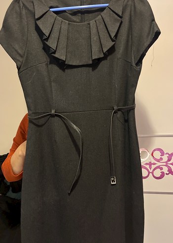 Deri Kemerli Siyah  Midi Elbise - Görsel 2