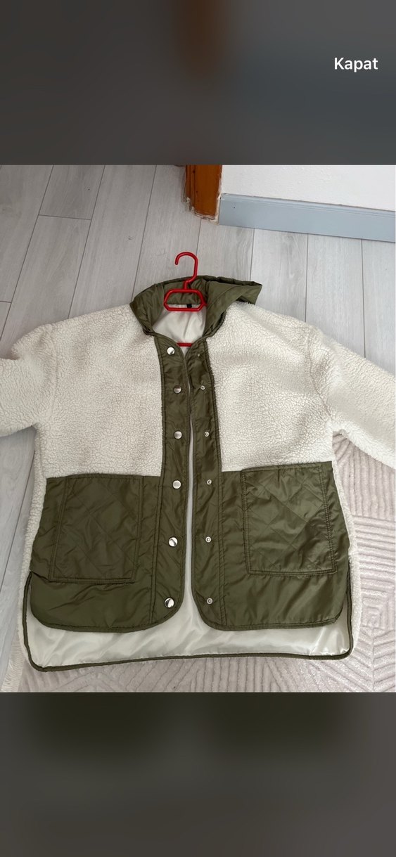 Düğmeli Beyaz ve Haki Midi Kadın Kışlık Mont - Görsel 4