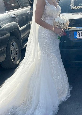 Aysira V Yaka Kolsuz Balık Model Beyaz Gelinlik - Görsel 6