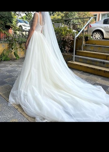 Aysira V Yaka Kolsuz Balık Model Beyaz Gelinlik - Görsel 7