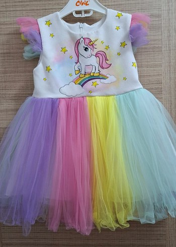 Kız Çocuk Unicorn Desenli Renkli Tül Elbise