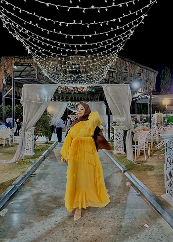 Sarı Uzun Kollu Fırfırlı Kadın Elbise bıkez giyildi standart bed - Görsel 2