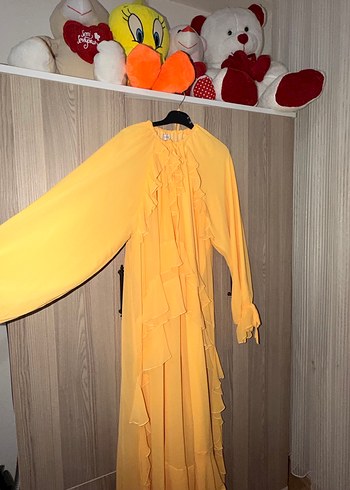 Sarı Uzun Kollu Fırfırlı Kadın Elbise bıkez giyildi standart bed - Görsel 5