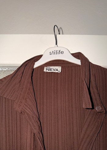 Kahverengi Pilili Uzun Keten Elbise bel kısmı kemerli - Görsel 2