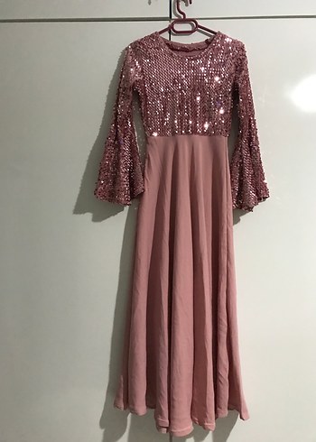 Abiye Pembe Uzun Kollu Parlak Çoçuk Elbise