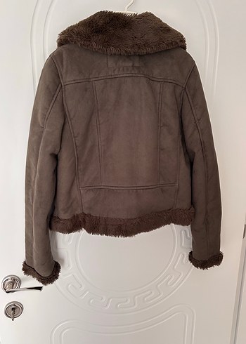 Haki Süet Kürklü Kadın biker mont Ceket - Görsel 7