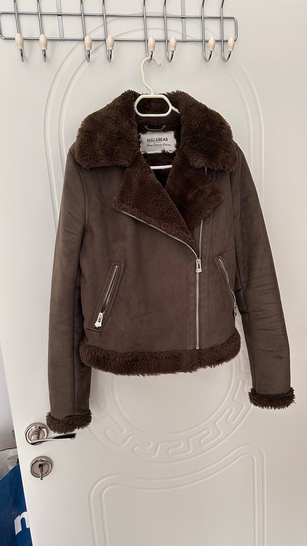 Haki Süet Kürklü Kadın biker mont Ceket - Görsel 5