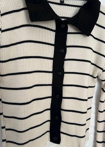 Bej Siyah Çizgili Örgü Kadın Kazak - Görsel 2