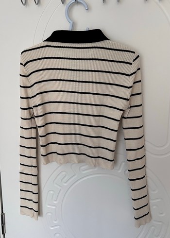 Bej Siyah Çizgili Örgü Kadın Kazak - Görsel 4