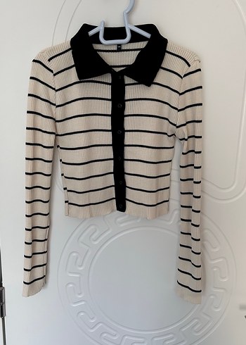 Bej Siyah Çizgili Örgü Kadın Kazak - Görsel 3