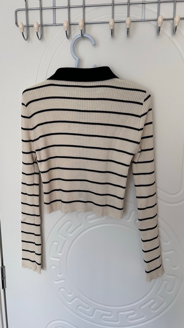 Bej Siyah Çizgili Örgü Kadın Kazak - Görsel 4