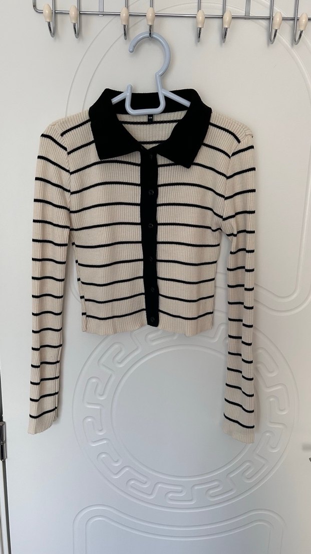 Bej Siyah Çizgili Örgü Kadın Kazak - Görsel 3