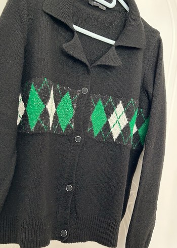 Siyah Yeşil Baklava Desenli Triko Hırka - Görsel 3