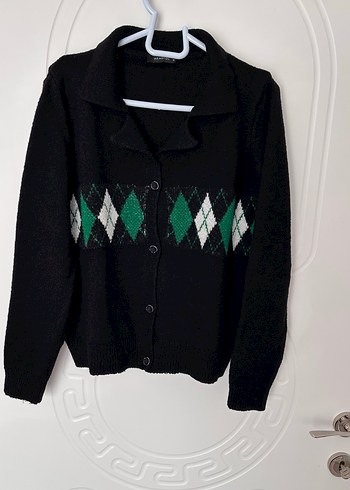 Siyah Yeşil Baklava Desenli Triko Hırka - Görsel 2