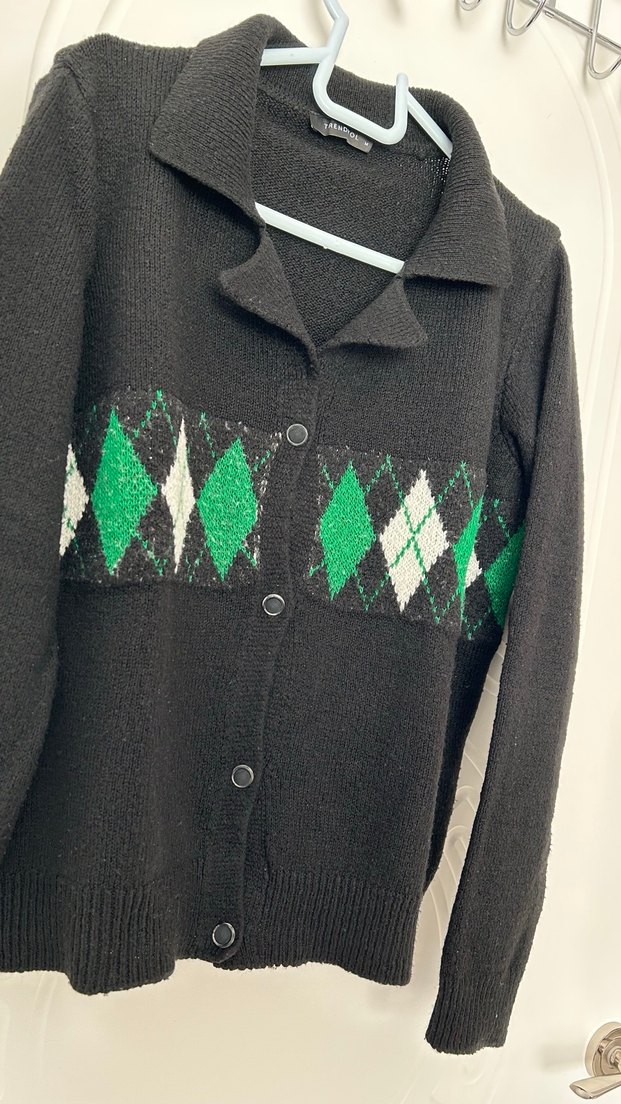 Siyah Yeşil Baklava Desenli Triko Hırka - Görsel 3