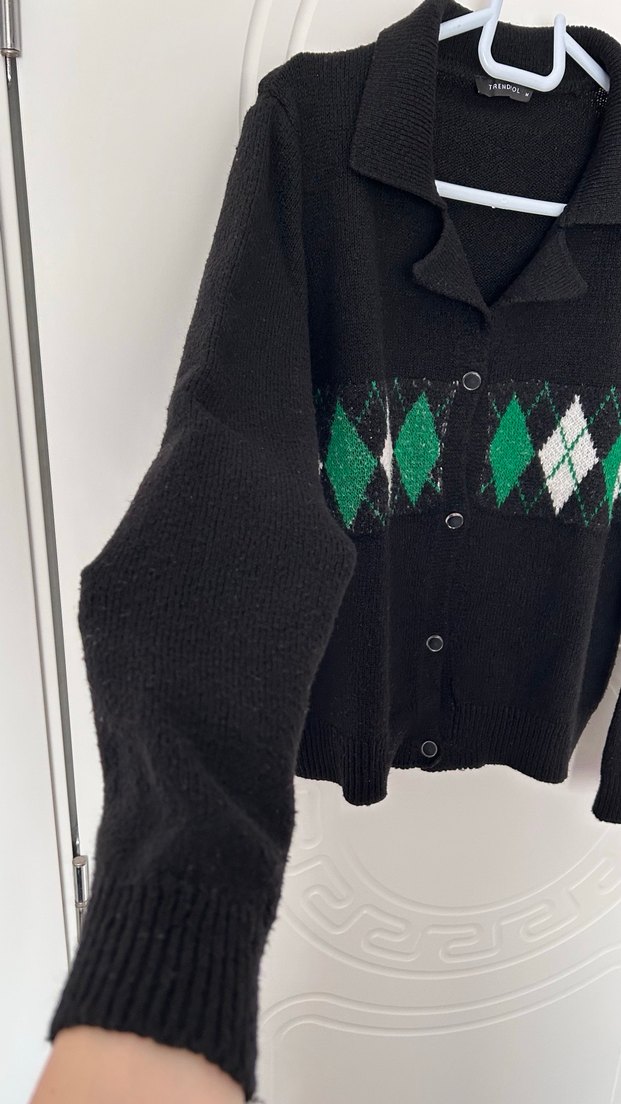 Siyah Yeşil Baklava Desenli Triko Hırka - Görsel 5