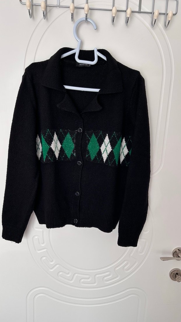 Siyah Yeşil Baklava Desenli Triko Hırka - Görsel 2