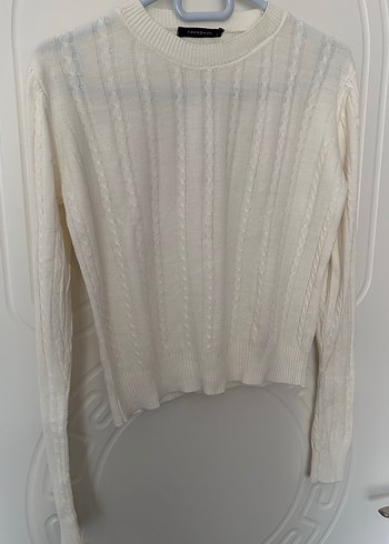 Ekru örgü detaylı triko kazak - Görsel 3