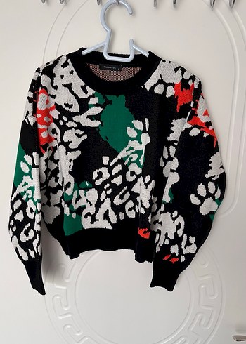 Leopar desenli turuncu yeşil siyah Kadın Kazak - Görsel 2