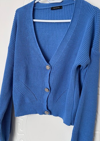 Mavi taş Düğmeli V Yaka Kadın Hırka - Görsel 3