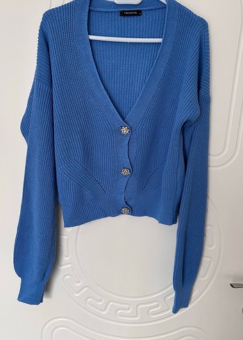 Mavi taş Düğmeli V Yaka Kadın Hırka - Görsel 2