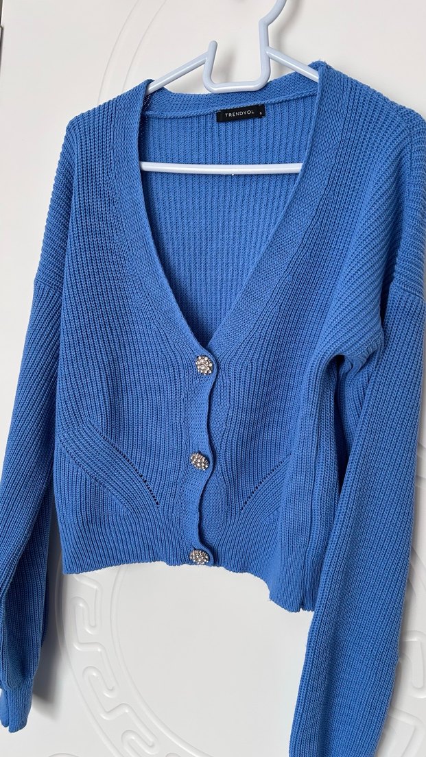 Mavi taş Düğmeli V Yaka Kadın Hırka - Görsel 3