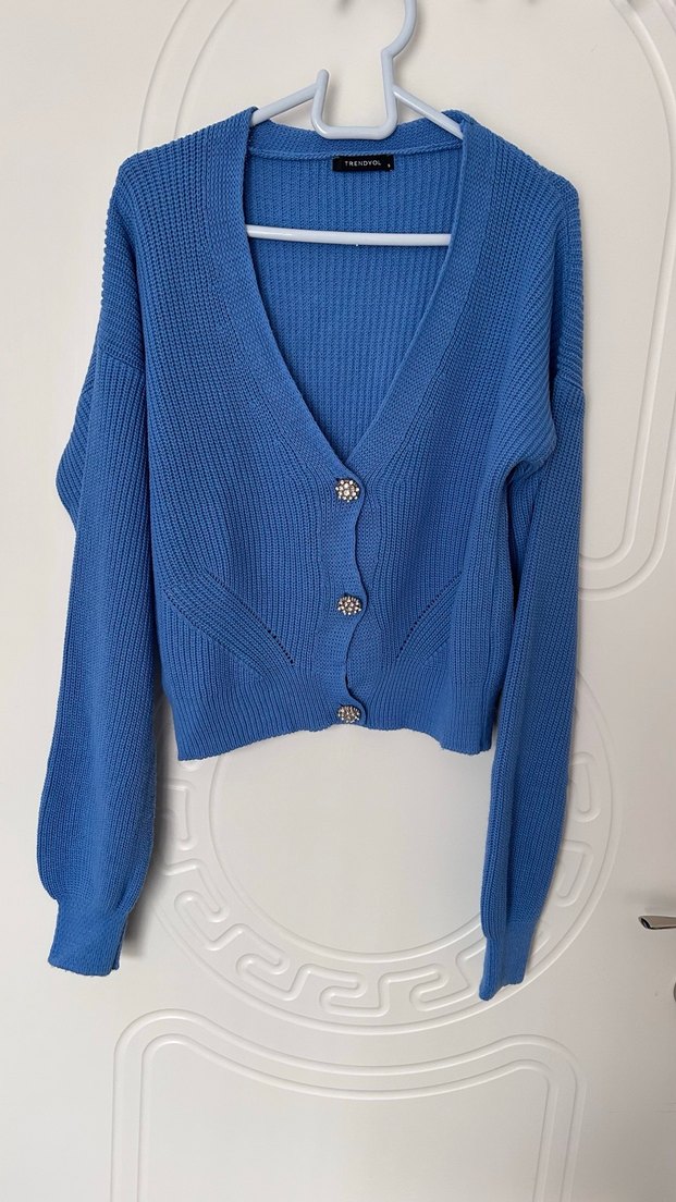 Mavi taş Düğmeli V Yaka Kadın Hırka - Görsel 2