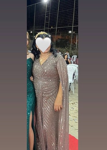 Parlak Bej V Yaka Uzun Abiye Elbise - Görsel 3