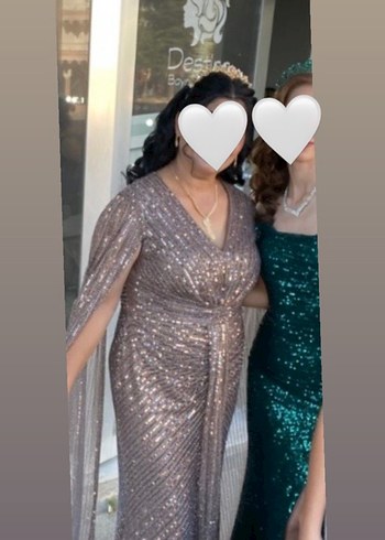 Parlak Bej V Yaka Uzun Abiye Elbise - Görsel 2