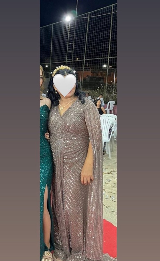 Parlak Bej V Yaka Uzun Abiye Elbise - Görsel 3