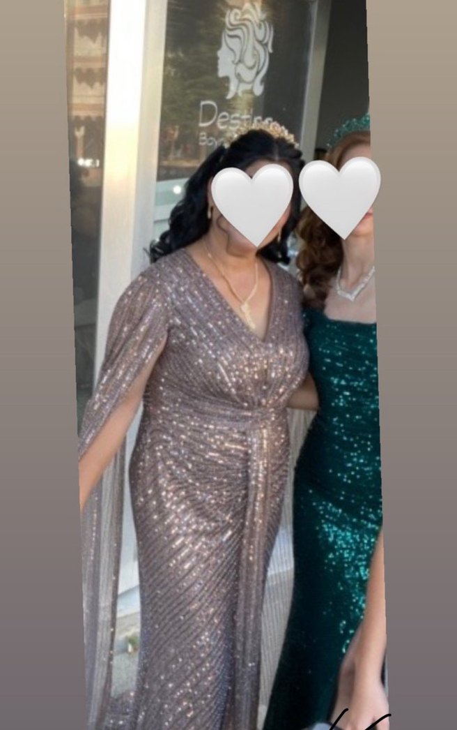 Parlak Bej V Yaka Uzun Abiye Elbise - Görsel 2