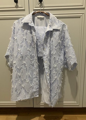 Nakışlı Mavi Keten Kadın Gömlek - Görsel 2