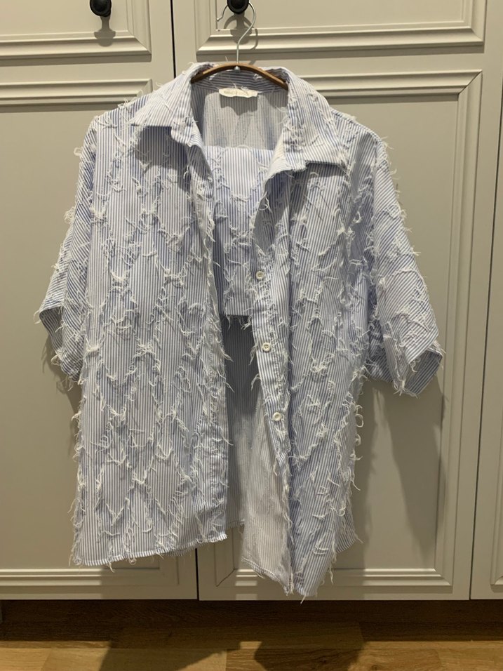 Nakışlı Mavi Keten Kadın Gömlek - Görsel 2