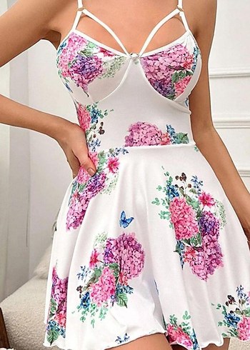 İnce Askılı Beyaz Nakışlı Midi Gecelik takımı - Görsel 6