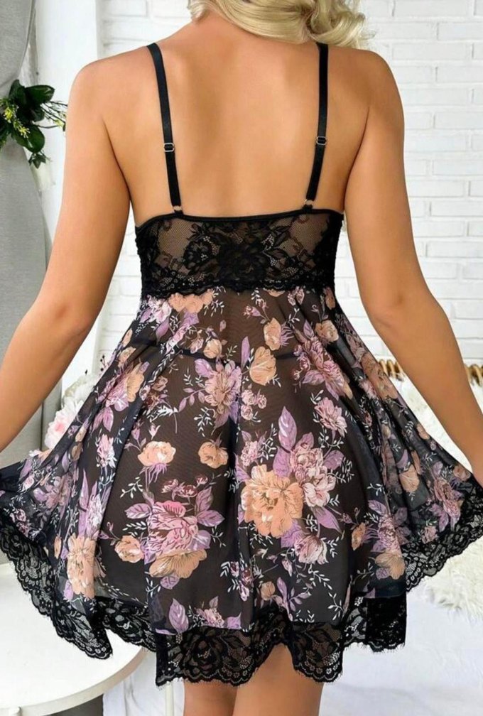 Çiçek Desenli Siyah Mini Dantel Gecelik be tanga takım - Görsel 3