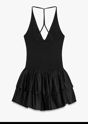 Zara Siyah Zara V Yaka Fırfırlı Mini Elbise