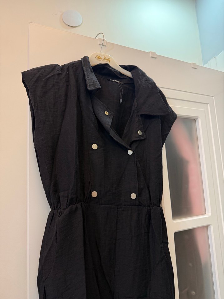 Siyah Keten Kadın Uzun Tulum - Görsel 2